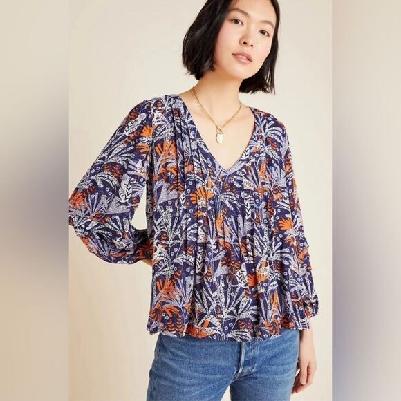 Anthropologie Maeve Cathy pleated v-neck jungle bird print blouse - Picture 2 of 7